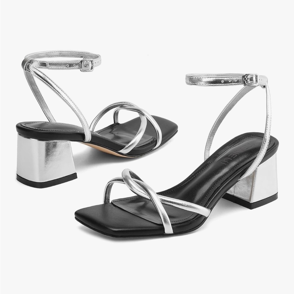 Silver and Black Women's Strappy Sandals block heel chunky wedding party
